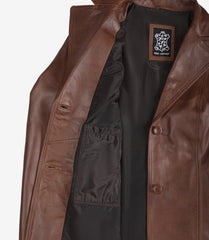 Women's Cognac Real Leather Blazer with Two Buttons and Notch Lapel