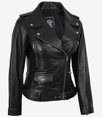 Marcella Women's Black Leather Jacket with Asymmetrical Biker Design