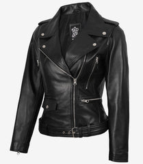 Marcella Women's Black Leather Jacket with Asymmetrical Biker Design
