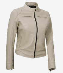 Dodge Women's Beige Leather Jacket in Biker Style