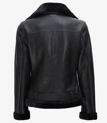 Women's Black Leather Biker Jacket Trimmed with Shearling