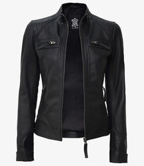 Women's Tall Black Quilted Leather Biker Jacket