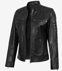 Women's Tall Black Leather Jacket in Biker Style