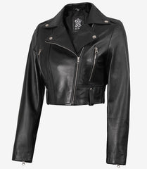 Women's Black Cropped Leather Jacket with Asymmetrical Biker Style