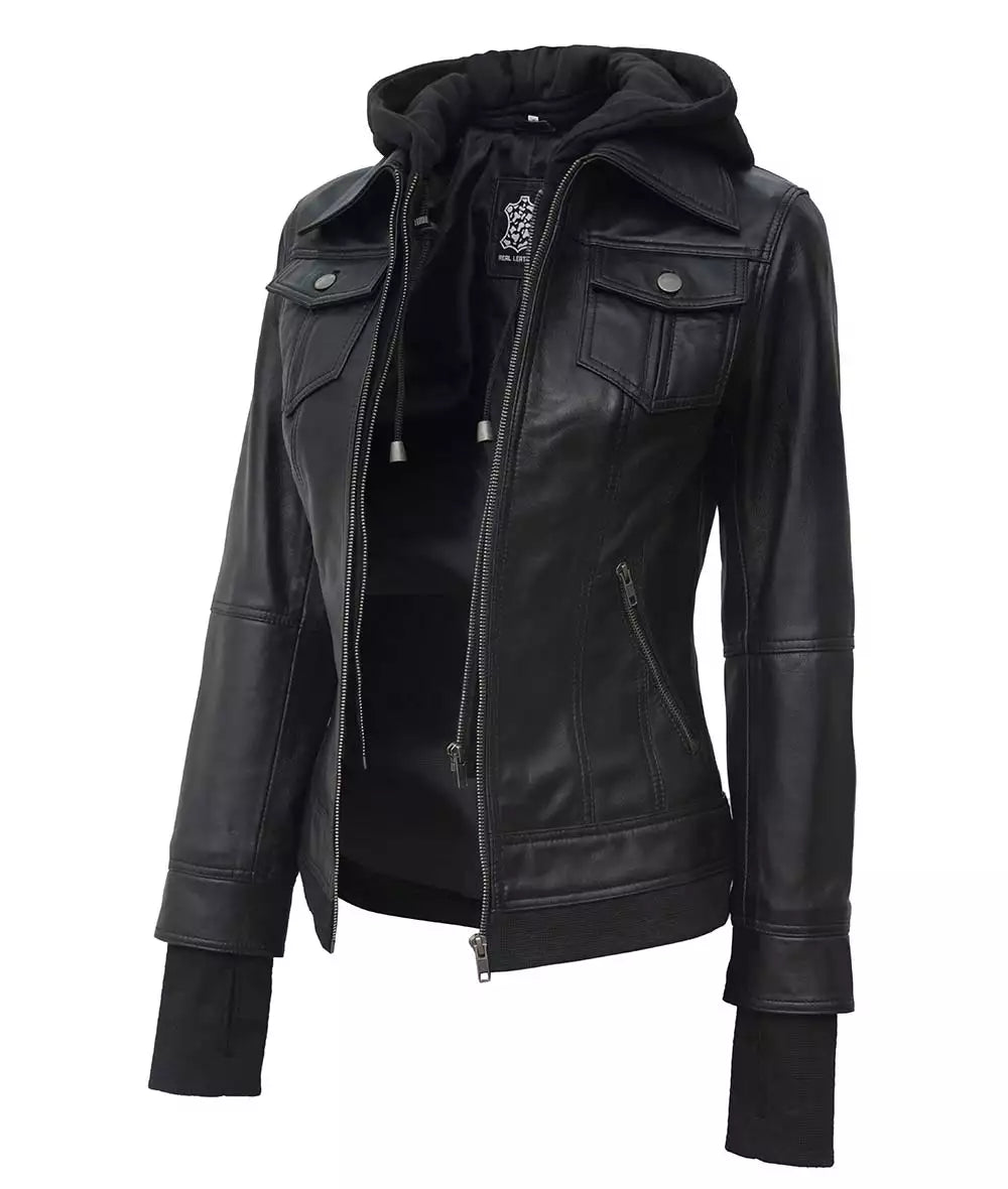 Essence Women Black Bomber Leather Jacket with Hood