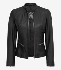Women's Petite Black Leather Jacket in Biker Style