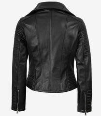 Women's Black Genuine Leather Biker Jacket with an Asymmetrical Front