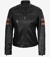 Women's Black Leather Biker Jacket with Cognac Stripe Detail