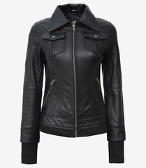 Women's Tall Black Bomber Leather Jacket with Detachable Hood