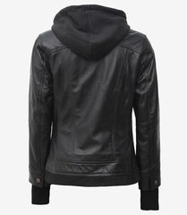 Women's Tall Black Bomber Leather Jacket with Detachable Hood