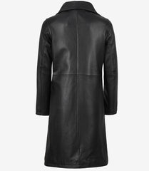 Women's Long Black Leather Car Coat with Notch Lapel