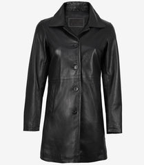 Women's Real Leather Black Car Coat in 3/4 Length