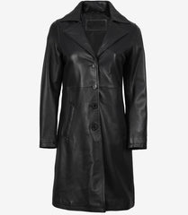 Women's Long Black Leather Car Coat with Notch Lapel