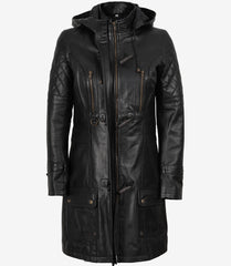 Women's Black Leather Hooded Coat in 3/4 Length