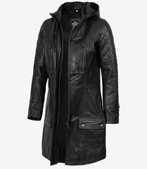 Women's Black Leather Hooded Coat in 3/4 Length