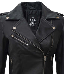 Womens Modern Asymmetrical Edge Black Lambskin Moto Jacket