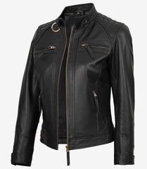Women's Real Leather Black Biker Jacket with Golden Details