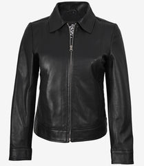 Jose Women's Black Leather Harrington Jacket with Shirt Collar