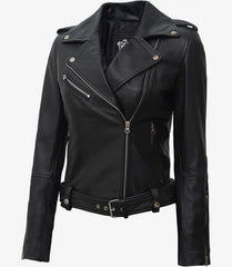 Margaret Women's Black Leather Biker Jacket with Belt