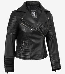 Women's Black Genuine Leather Biker Jacket with an Asymmetrical Front