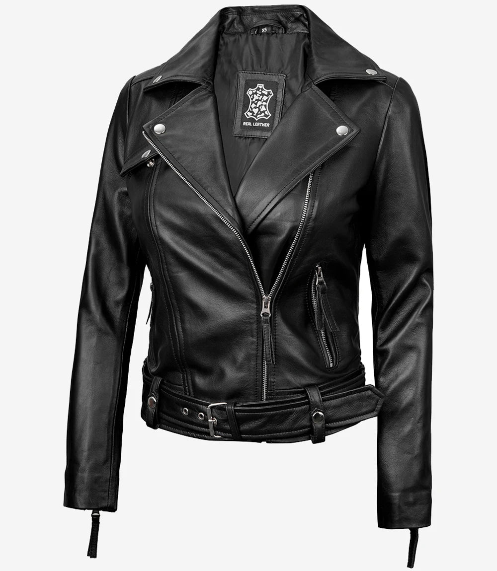 Ride-Ready Women's Black Leather Motorcycle Jacket – Crossover Zip