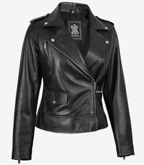 Amber Women's Black Leather Biker Jacket with Asymmetrical Front