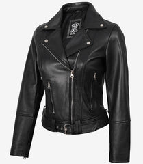 Women's Black Leather Jacket - Asymmetrical, Belted Biker Style