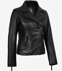 Ramsey Women's Black Leather Biker Jacket with Asymmetrical Closure