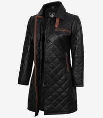 Glen Women's Black Quilted Leather Car Coat with Brown Detailing