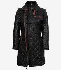 Glen Women's Black Quilted Leather Car Coat with Brown Detailing
