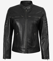 Women's Tall Black Leather Jacket in Biker Style