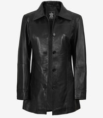 Women's Black Leather Button Down Coat in 3/4 Length