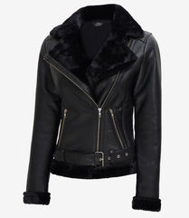 Women's Black Leather Biker Jacket Trimmed with Shearling