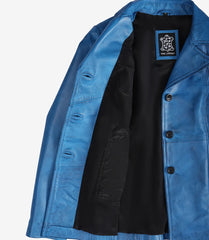 Women's Blue Waxed Leather Coat with Three Buttons