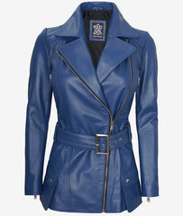 Women's Blue Leather Jacket - Asymmetrical, Belted Biker Style