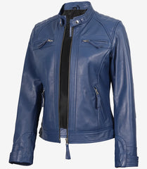 Women's Blue Quilted Lambskin Leather Jacket Biker Style
