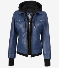 Women's Blue Leather Bomber Jacket with Hood