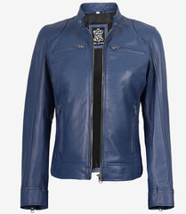 Women's Blue Leather Biker Jacket - Modern Fit