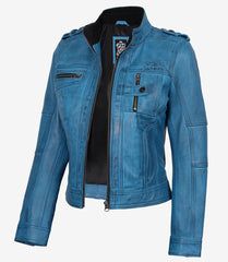 Women's Blue Waxed Lambskin Leather Jacket in Biker Style