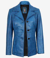Women's Blue Waxed Leather Coat with Three Buttons