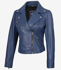 Women's Blue Lambskin Leather Jacket Biker Style