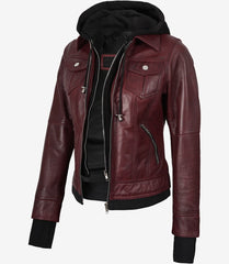 Women's Burgundy Leather Bomber Jacket with Removable Hood