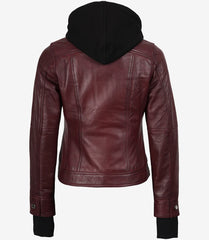 Women's Burgundy Leather Bomber Jacket with Removable Hood