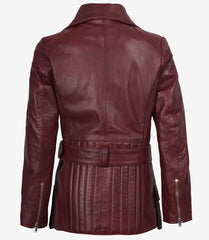 Women's Maroon Leather Biker Jacket with Asymmetrical Belted Front