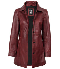 Women's Burgundy Leather Car Coat with Button-Down Closure