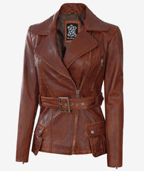 Women's Cognac Waxed Leather Jacket - Asymmetrical, Four-Pocket, Belted Biker Style