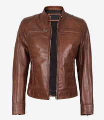 Women's Cognac Waxed Real Leather Jacket in Biker Style