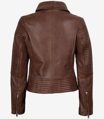 Women's Cognac Leather Jacket with Asymmetrical Biker Style