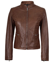 Women's Cognac Waxed Real Leather Biker Jacket
