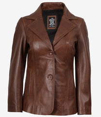 Women's Cognac Real Leather Blazer with Two Buttons and Notch Lapel